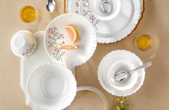 Larah By Borosil Silk Series Red Bud Opalware Dinner Set With Steel Spoon | 41 Pcs For Family Of 6 | Microwave & Dishwasher Safe | Bone-Ash Free | Crockery Set For Dining & Gifting | Plates & Bowls