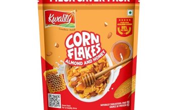Kwality Corn Flakes With Almond & Honey 1Kg | Made With Golden Corns | 99% Fat-Free | High In Protein, Zero Cholesterol | Healthy Breakfast Cereal