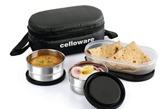 Cello Double Treat Stainless Steel Lunch Box With Bag, Black | 2 X 300 Ml Steel Containers, 1 X Oval Container | Food Grade, Bpa Free, Rust & Leakproof, Airtight Snaplock Mini Tiffin Box For Office