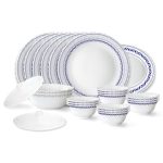Larah By Borosil Jazzblue Fluted Series Opalware Dinner Set | 23 Pieces For Family Of 6 | Microwave & Dishwasher Safe | Bone-Ash Free | Crockery Set For Dining & Gifting | Plates & Bowls | White
