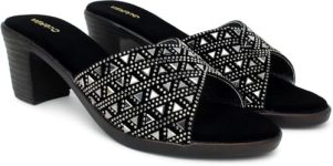 Action Textured Slide Sandals| Crystal Embellished Geometric Pattern| Block Heel| Water-Resis_Tant_Black_3