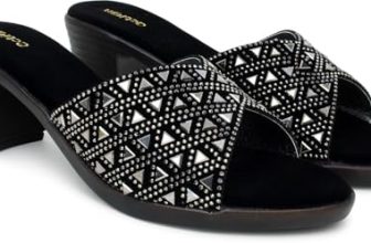 Action Textured Slide Sandals| Crystal Embellished Geometric Pattern| Block Heel| Water-Resis_Tant_Black_3