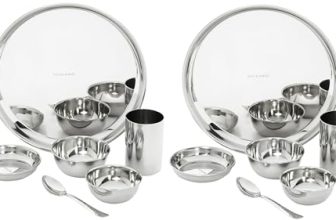 Amazon Brand – Solimo Dinner Set| Stainless Steel | Set Of 6 | Solid Mirror Finish | Silver (Pack Of 2)