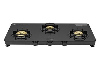 Havells Contour Toughened Glass-Top 3 Brass Burner Lpg Gas Stove | Removable Drip Tray | Soft Touch, Ergonomically Designed Knobs | 2 Years Comprehensive Warranty (Black)