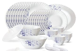 Larah By Borosil Blue Eve Silk Series Opalware Dinner Set | 47 Pieces For Family Of 8 | Microwave & Dishwasher Safe | Bone-Ash Free | Crockery Set For Dining & Gifting | Plates & Bowls | White