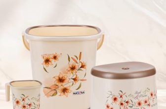 Nayasa Plastic Sqr Dlx 3 Pcs Bathroom Set | Bucket 18 L + Mug 1.5 L + 508 Dlx Stool | Bathroom Set | Bath Set For Bathroom | Off – White