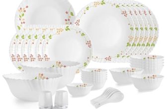 Cello Opalware Dazzle Series Secret Garden Dinner Set 35 Pieces Serving For 6 | Bone Ash-Free | Lightweight, Elegant White Plates & Bowls Set | Opal Glass Crockery Set For Daily Use Dinning & Gifting
