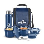 Milton Pro Lunch Box, 3 Microwave Safe Inner Steel Containers (180 Ml, 320 Ml, 450 Ml), Plastic Chutney Dabba (100 Ml), Steel Bottle (750 Ml) With Durable Lunch Bag, Leak-Proof Tiffin For Office, Blue