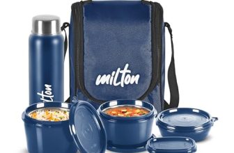 Milton Pro Lunch Box, 3 Microwave Safe Inner Steel Containers (180 Ml, 320 Ml, 450 Ml), Plastic Chutney Dabba (100 Ml), Steel Bottle (750 Ml) With Durable Lunch Bag, Leak-Proof Tiffin For Office, Blue
