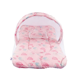 Bumtum Baby Bed, Mosquito Net & Neck Pillow, Baby Gadda Set For New Born, 0-6 Month, Printed Baby Bedding, Baby Bear Sleeping Bed Of 71Cm X 47Cm X 5Cm, Light Pink, Cotton, Free Size