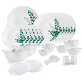 Cello Aqua Leaves Dazzle Series Opalware Dinner Set, 37 Pieces, Service For 6, White, Extra Large (Model: Clo_Oplwr_Dzzl_Aqlvs_Ds_37Pcs)