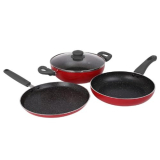 Prestige Omega Deluxe Granite Non-Stick Cookware 3 Pc Set| Pfoa Free 5-Layer Coating | Omni Tawa 25 Cm | Fry Pan 24 Cm | Kadai With Glass Lid 24 Cm | Crimson Red