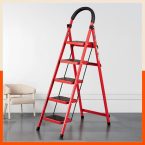 Bathla Everest 5 Step Steel Ladder With Safety Hand Grip | Durable & Anti-Skid | Lightweight & Foldable For Home & Office Use | 2 Year Manufacturer Warranty (Red)