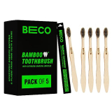 Beco Compostable Bamboo Toothbrush With Ultra-Soft Charcoal Activated Bristles, 100% Natural & Eco-Friendly (Pack Of 5)