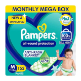 Pampers All Round Protection Pants Style Baby Diapers, Medium (M) Size, 152 Count, Anti Rash Blanket, Lotion With Aloe Vera, 7-12Kg Diapers