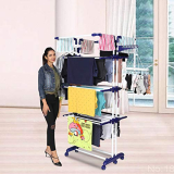 Happer Premium Stainless Steel Double Supported 4 Layer Cloth Drying Stand With Thread Lock Mechanism And Breaking Wheels (King Jumbo, Blue)