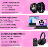 Get flat ₹1000 offer on laptops on a minimum purchase of ₹15,990. Use code: AMZLP1000Buy Here – Get flat ₹75 offer on smartwatches a minimum purchase of ₹899. Use code: AMZSW75Buy Here – Get flat ₹50 offer on headphones on a minimum purchase of ₹799. Use code: AMZHP50Buy Here