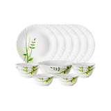 Larah By Borosil Green Herbs Fluted Series Opalware Dinner Set | 13 Pieces For Family Of 4 | Microwave & Dishwasher Safe | Bone-Ash Free | Crockery Set For Dining & Gifting | Plates & Bowls | White