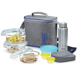 Treo By Milton All Fresh Premier Glass Tiffin Set Of 8 (3 – Containers, 400 Ml Each; 1 – Steel Bottle, 750 Ml; 2 – Pickle/Chutney Dabba, 30 Ml Each; 1 – Salad/Papad Dabba, 200 Ml; 1 – Dining Mat)