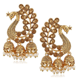 Meenaz Traditional South Indian Temple Ethnic Zinc Metal Alloy 18K High Gold Plated Pearl Moti Peacock Jhumki Triple Jhumka Earrings For Women Girl Ladies Stylish