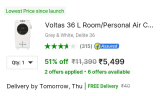 Voltas 36 L Room/Personal Air Cooler at ₹5,499 4949 With SBI CC