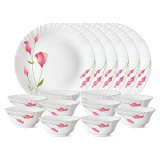 Larah By Borosil Glass Dianathali Set (White) – 18 Pieces