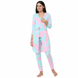 Sweet Dreams Women Tie & Dye Lapel Collar 3/4Th Sleeve Poly Brush Robe, Slip & Pyjamas-Blue
