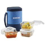Borosil – Prime Borosilicate Glass Lunch Box Set Of 3, 320 Ml, Square, Microwave Safe Office Tiffin, Blue, Transparent