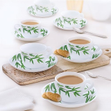 Larah By Borosil Bamboo Leaves Opalware Cup And Saucer Set Of 12 Pcs | Tea/Coffee Cups 90 Ml | Microwave & Dishwasher Safe | Bone-Ash Free | Crockery Set Ideal For Daily Use & Gifting, White
