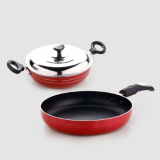 Crystal Platinum Series 2 Pcs Nonstick Cookware Set | 250Mm Kadai + 250Mm Fry Pan With Stainless Steel Lid | Thickness- 3Mm | Metal Spoon Friendly