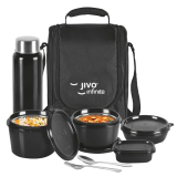 Jivo Infinite Pro Lunch Box With Steel Cutlery,3 Microwave Safe Inner Steel Containers With Bpa Free Lids Lunch Tiffin(290Ml,450Ml&600Ml) Plastic Pickle Box(130Ml) Steel Water Bottle(750Ml)