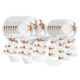 Larah By Borosil Red Iris Fluted Series Opalware Dinner Set | 66 Pieces For Family Of 6 | Microwave & Dishwasher Safe | Bone-Ash Free | Crockery Set For Dining & Gifting | Plates & Bowls | White
