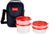 Amazon Brand – Solimo Plastic Lunch Box With Bag, Set Of 4 (Red Lids And Blue Bag)