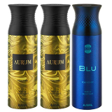 Ajmal Aurum & Aurum & Blu Deodorant Spray – For Men & Women (200 Ml, Pack Of 3) + 1 Perfume Tester