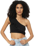 Only Women Solid Cotton Black Crop Top
