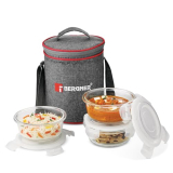 Bergner Fresh Lunch Premium 3 Pcs Lunch Box Set – Microwave Safe And Leak Proof 3 Glass Containers (400Ml Each) With Bpa Free Lids, Fabric Bag With Shoulder Strap, Dishwasher Safe – Transparent/Grey