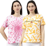 Juneberry® Tie & Dye Printed Half Sleeve Round Neck Multicolor Regular Fit T-Shirt For Women (Pack Of 2)
