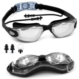 Slovic Black Swimming Goggles For Men & Women With Silicon Nose Bridge | Anti-Fog Glasses, Leak-Proof, Easy To Adjust Push-Button Straps With Ear Plugs & Nose Clip | Uv-Protected Swimming Goggle Kit