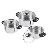 Cello Steelox Induction Compatible Stainless Steel Casserole/Handi Set Of 3 With Glass Lid, Capacity -1 Ltr, 2 Ltr & 3 Ltr