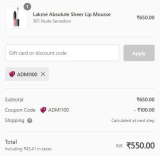 Lakme Exclusive CouponsPrice Range – Disc. Amount –     Code499-999               ₹100              ADMI1001000 -1299         ₹200              ADMI2001300 -1699         ₹260              ADMI2601700 -1999         ₹350              ADMI3502000 -2499         ₹400              ADMI4002500-2999          ₹575              ADMI5753000 & above     ₹650              ADMI650Link: 💳 Bonus Offer: Shop For 999+ & Get A Free Primer + Matte Lipstick