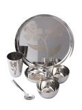Abode Prime Stainless Steel Heavy Guage Material Dinner Set | Dinner Set With 3 Thali , 6 Bowl , 3 Halwa Plate , 3 Glass , 3 Spoon | Dinnerware | Stainless Steel Dinner With Set Of 18 | Silver |