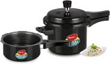 Pigeon By Stovekraft Induction Base Outer Lid Hard Anodised Aluminium Pressure Cooker Combo, 2 L And 3 L (Black)
