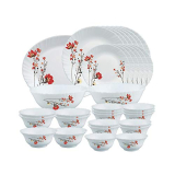 Larah By Borosil Chrys Red Opalware Dinner Set, 33-Pieces, White