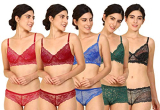 Fashion Comfortz Women Net Bra Panty Set For Lingerie Set (Pack Of 5) (Color : Red,Maroon,Blue,Green,Black) (Pattern : Floral Print) (Size : 32)