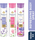 Yardley London Deo Tripack – English Lavender, English Rose, And Morning Dew Refreshing Body Deodorant Spray  –  For Women(450 Ml, Pack Of 3)
