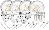 Classic Essentials Pack Of 32 Stainless Steel Peacock Dinner Set, 32-Pieces Heavy Gauge With Permanent Laser Design Dinner Set(Silver)