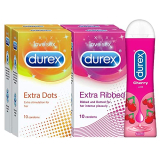 Durex Pleasure Packs (Condoms – 10 Count (Pack Of 2, Extra Dots), Condoms – 10 Count (Pack Of 2, Extra Ribbed), Pleasure Gel – 50 Ml (Cherry))