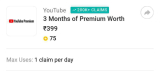 Free 3 Months of YouTube PremiumGet 3 Months of YouTube Premium Worth ₹399 for Free by redeeming 75 SupercoinsClaim Link –