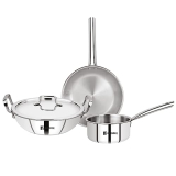 Bergner Tripro Triply Stainless Steel 4 Pc Cookware Set, 24 Cm Indian Wok/Kadai With Lid, 22 Cm Frypan, 16 Cm Tea Pan, Even And Fast Heating, Induction Bottom, Gas Ready, Silver