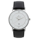 T Tan Men Classic White Dial Analog With Date Black Leather Strap Watch (Black)